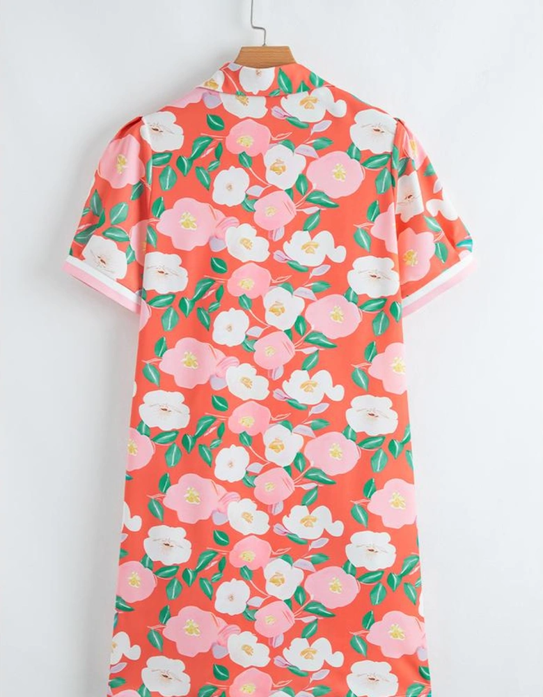 Fresh Salmon Floral Print Contrast Striped Trim Polo Collar T Shirt Dress
