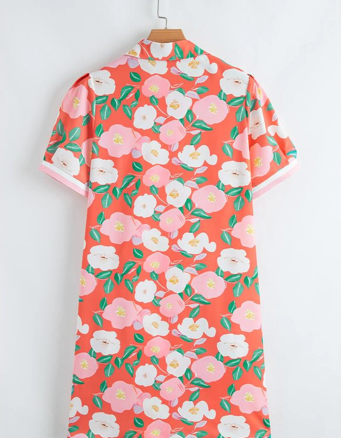 Fresh Salmon Floral Print Contrast Striped Trim Polo Collar T Shirt Dress