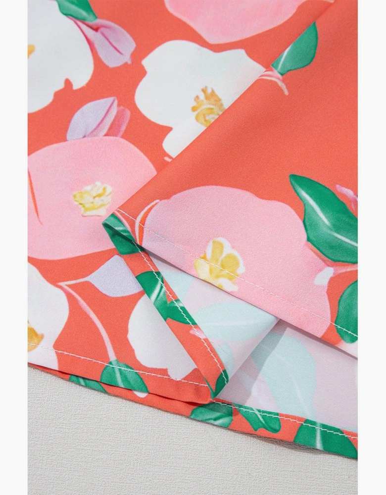 Fresh Salmon Floral Print Contrast Striped Trim Polo Collar T Shirt Dress