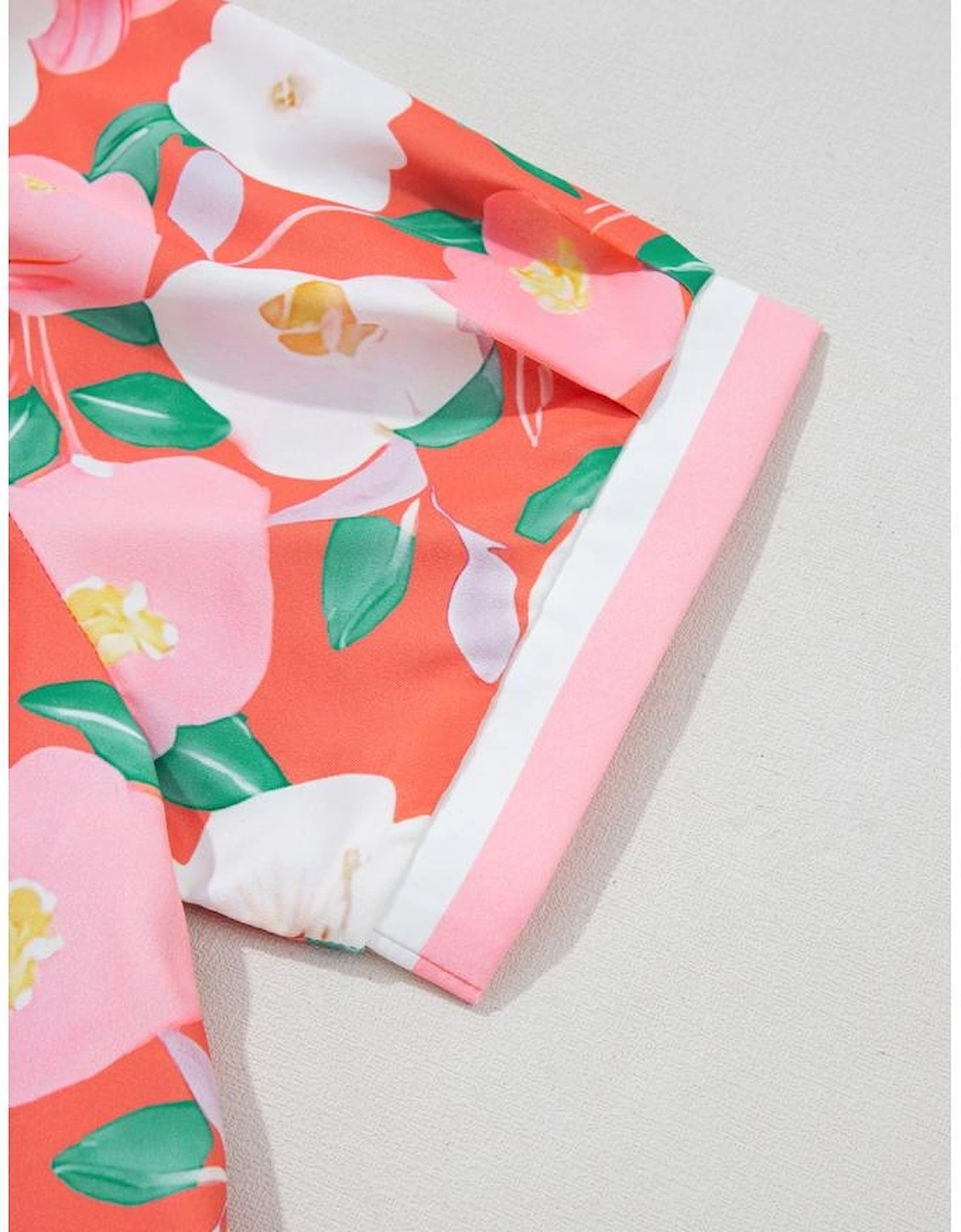 Fresh Salmon Floral Print Contrast Striped Trim Polo Collar T Shirt Dress