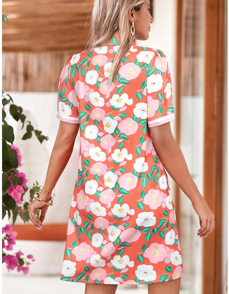 Fresh Salmon Floral Print Contrast Striped Trim Polo Collar T Shirt Dress