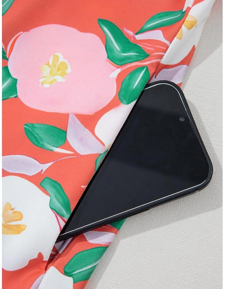 Fresh Salmon Floral Print Contrast Striped Trim Polo Collar T Shirt Dress