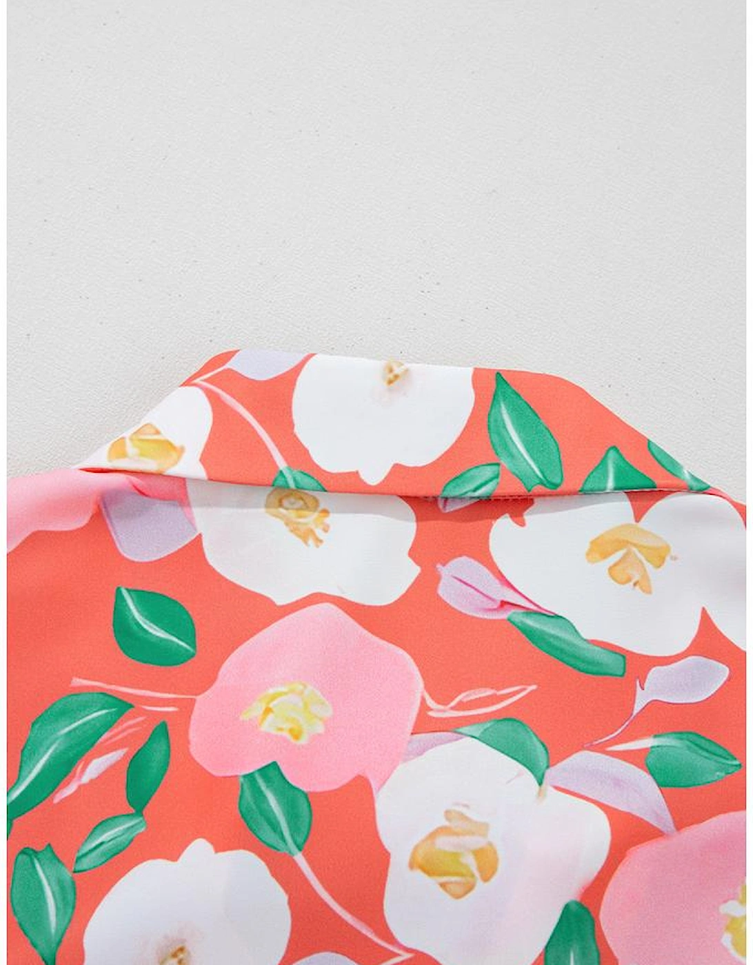 Fresh Salmon Floral Print Contrast Striped Trim Polo Collar T Shirt Dress