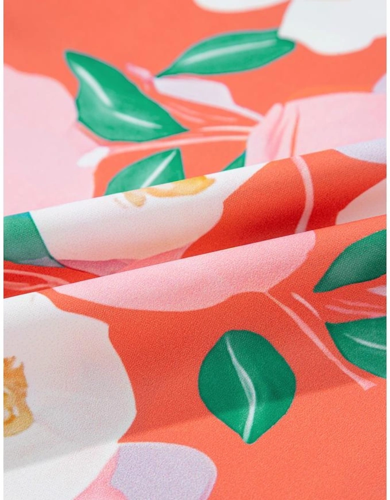 Fresh Salmon Floral Print Contrast Striped Trim Polo Collar T Shirt Dress