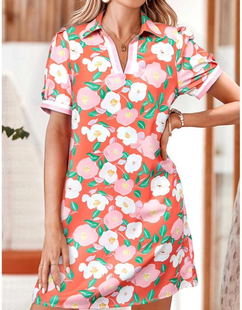 Fresh Salmon Floral Print Contrast Striped Trim Polo Collar T Shirt Dress