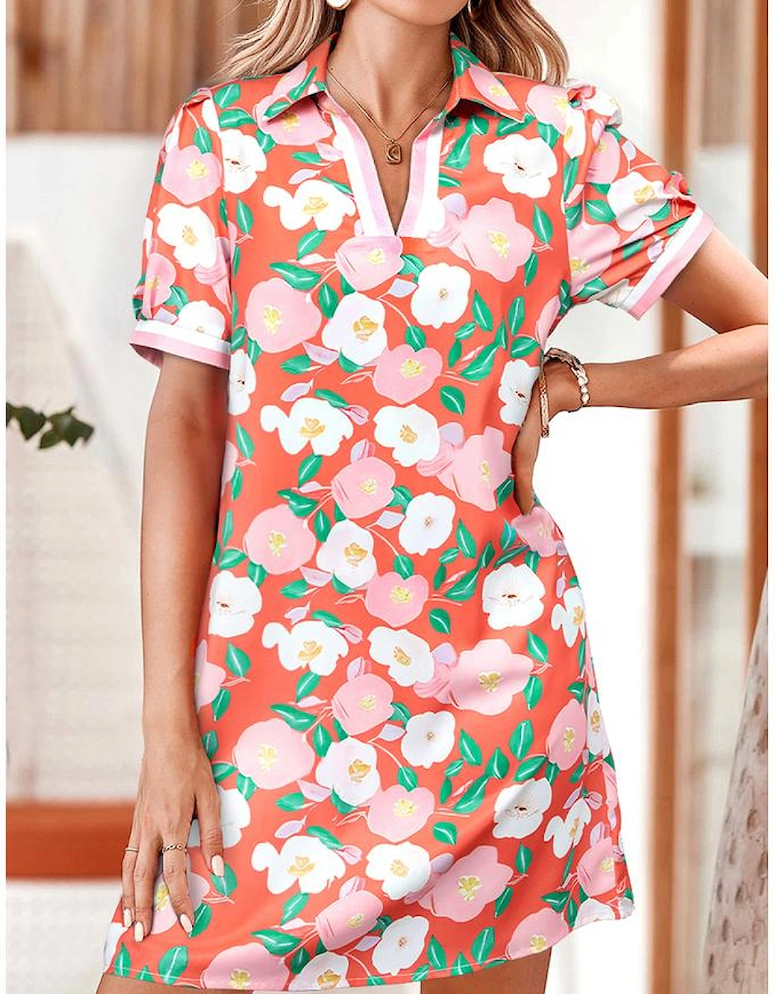 Fresh Salmon Floral Print Contrast Striped Trim Polo Collar T Shirt Dress