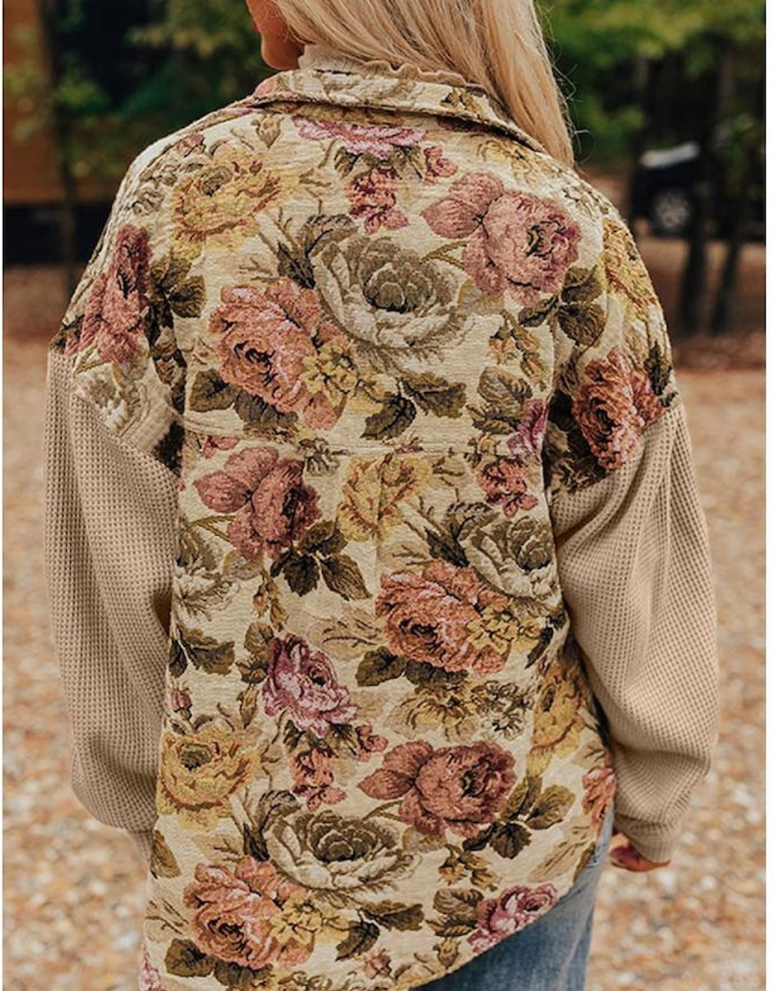 Khaki Floral Waffle Knit Patchwork Chest Pockets Buttoned Jacket, 16 of 15