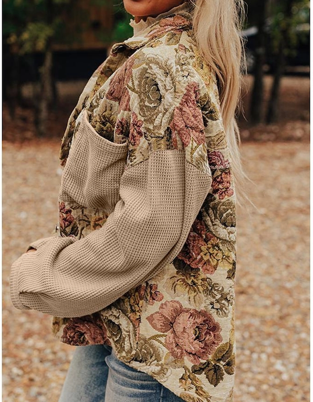 Khaki Floral Waffle Knit Patchwork Chest Pockets Buttoned Jacket