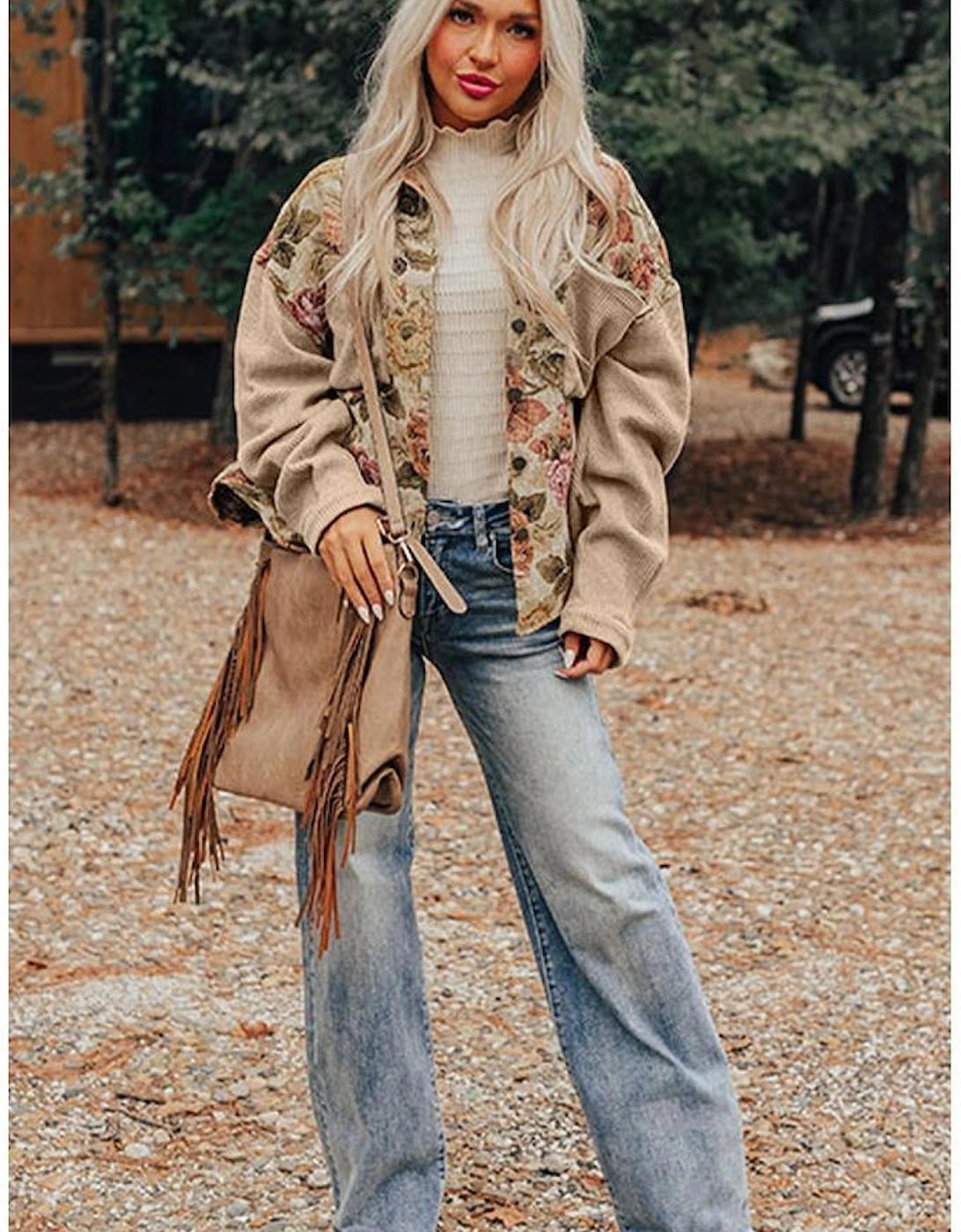 Khaki Floral Waffle Knit Patchwork Chest Pockets Buttoned Jacket