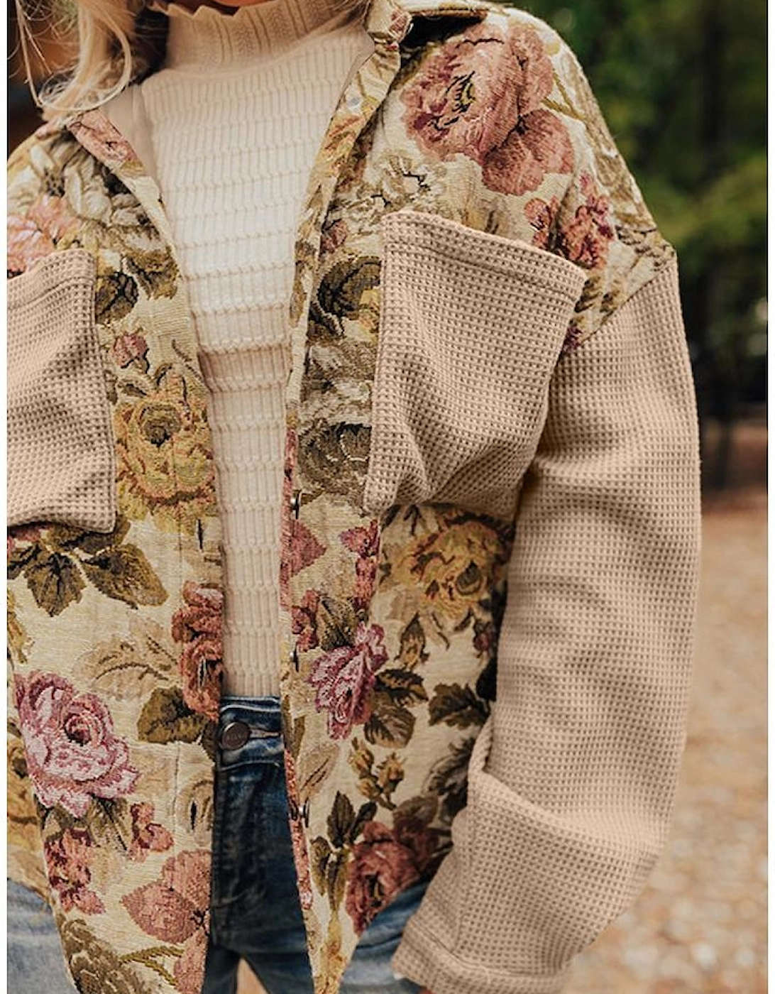 Khaki Floral Waffle Knit Patchwork Chest Pockets Buttoned Jacket
