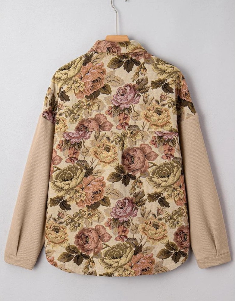 Khaki Floral Waffle Knit Patchwork Chest Pockets Buttoned Jacket