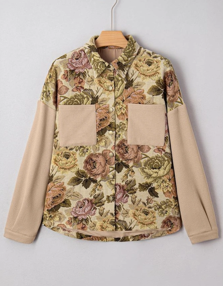 Khaki Floral Waffle Knit Patchwork Chest Pockets Buttoned Jacket