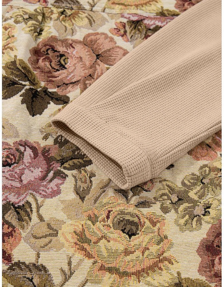 Khaki Floral Waffle Knit Patchwork Chest Pockets Buttoned Jacket