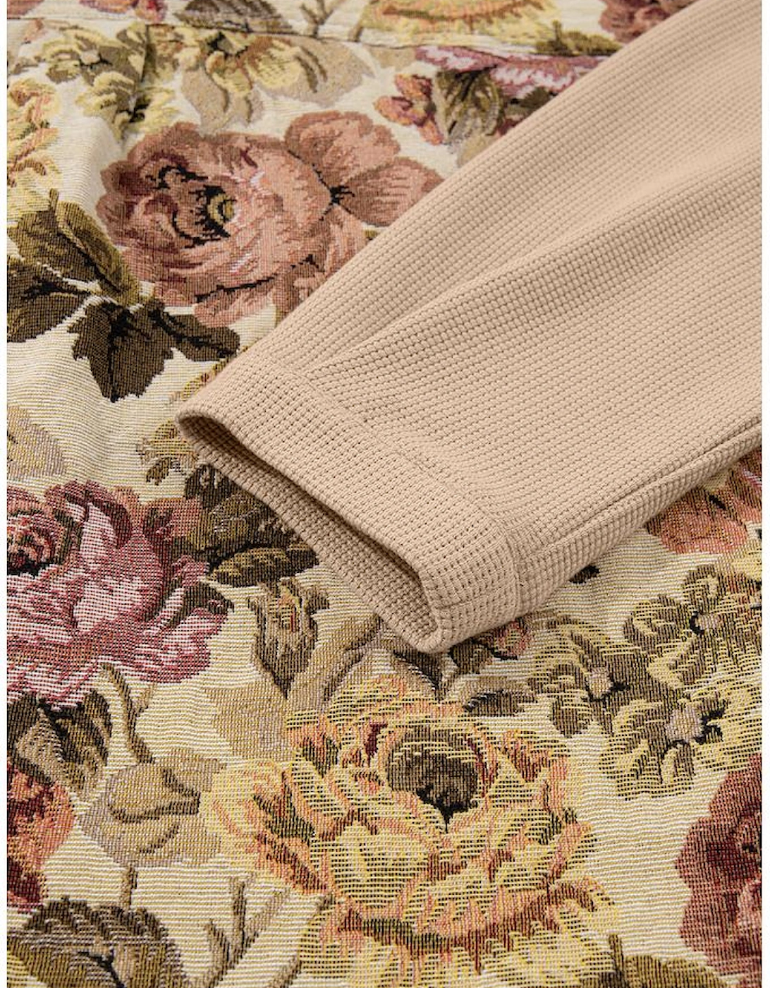 Khaki Floral Waffle Knit Patchwork Chest Pockets Buttoned Jacket