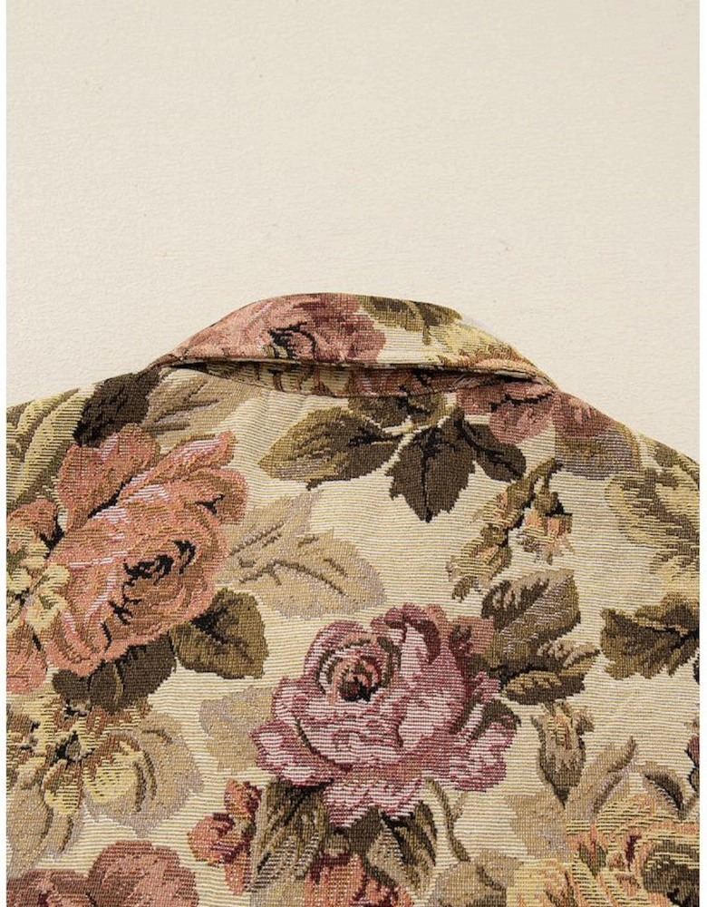 Khaki Floral Waffle Knit Patchwork Chest Pockets Buttoned Jacket