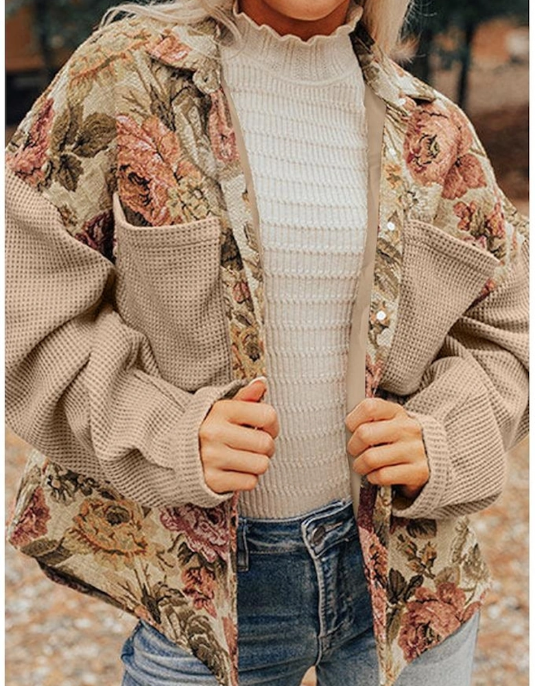 Khaki Floral Waffle Knit Patchwork Chest Pockets Buttoned Jacket