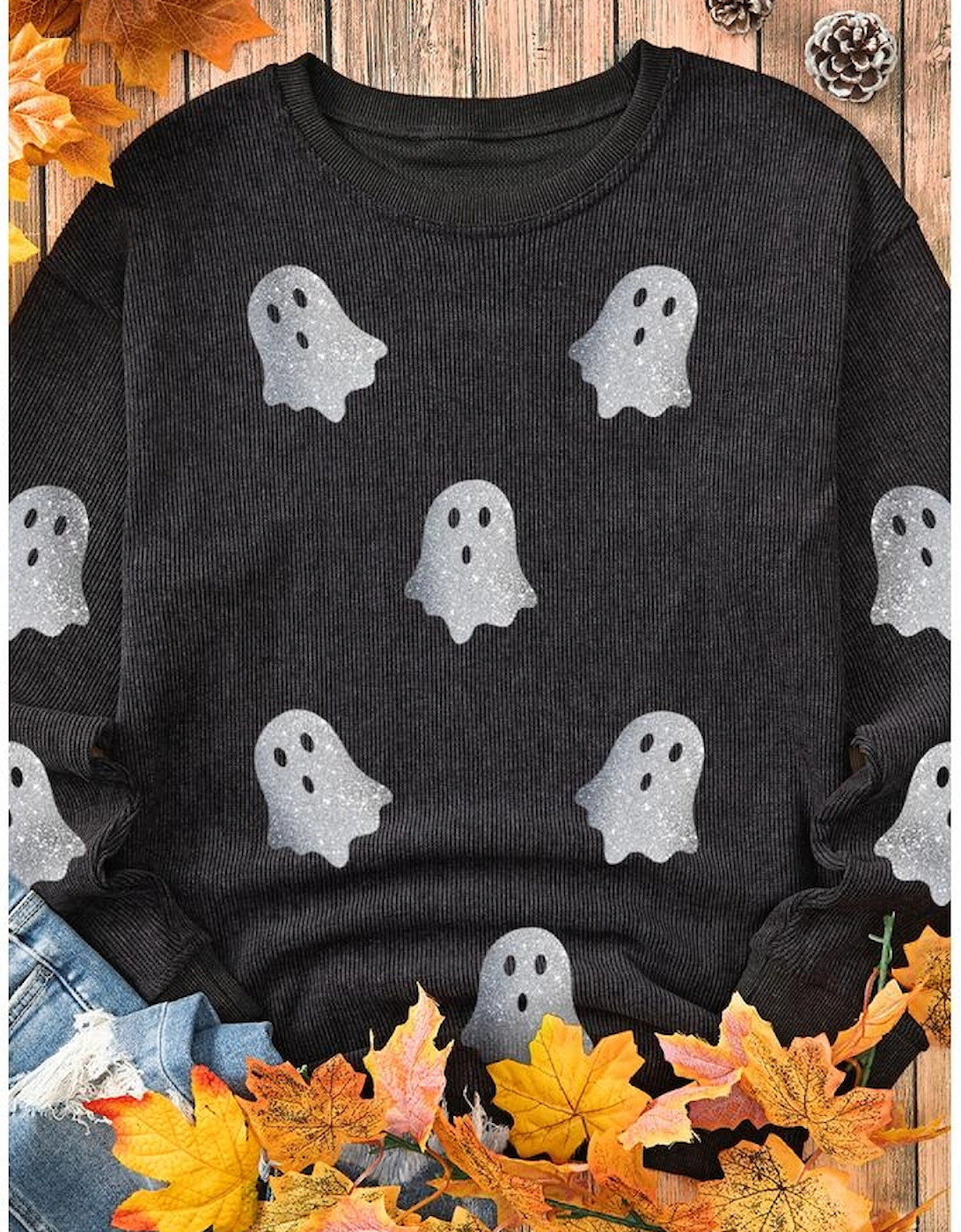 Black Halloween Ghost Corded Crew Neck Loose Sweatshirt, 4 of 3