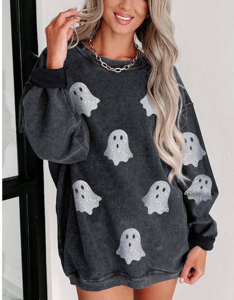 Black Halloween Ghost Corded Crew Neck Loose Sweatshirt