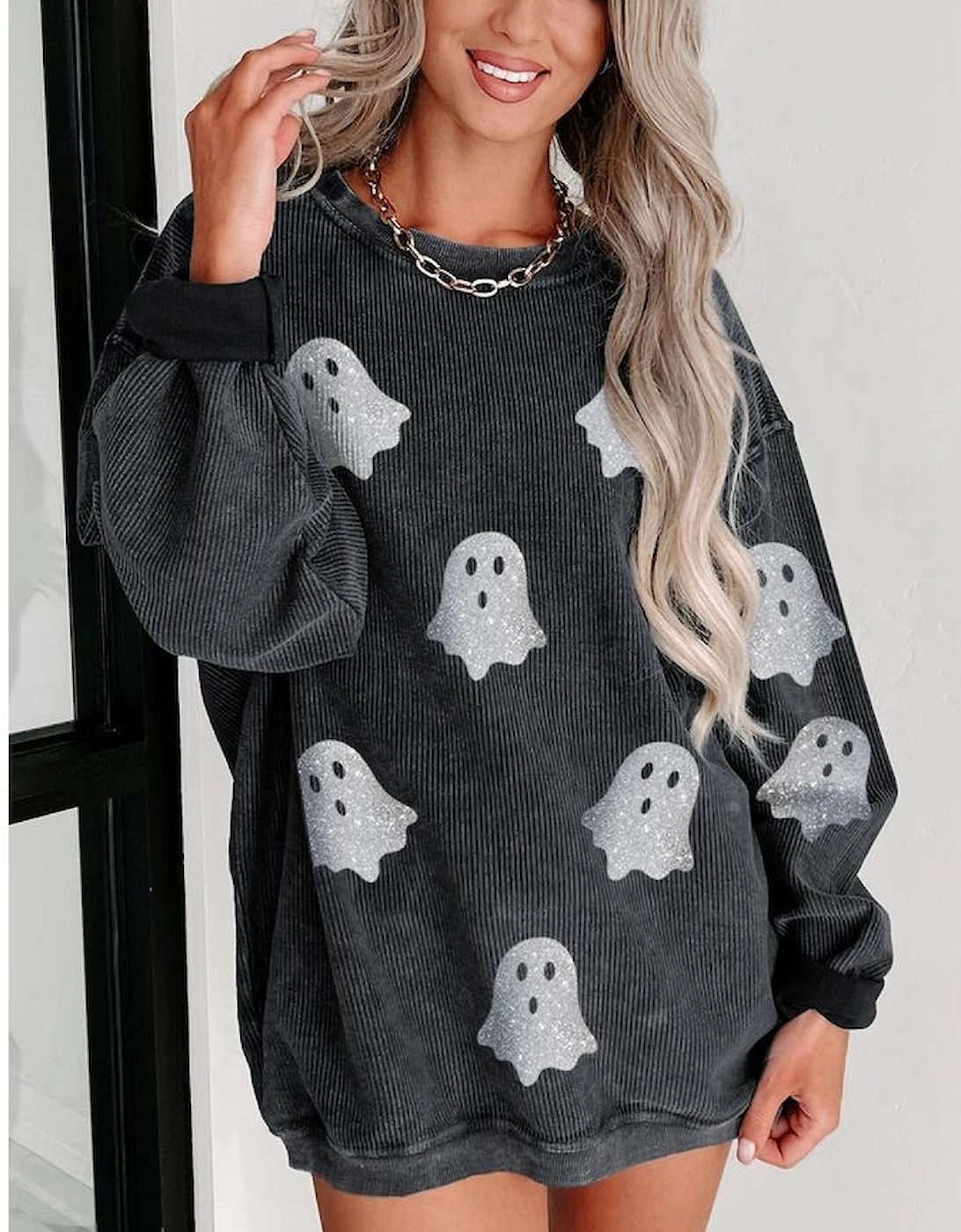 Black Halloween Ghost Corded Crew Neck Loose Sweatshirt