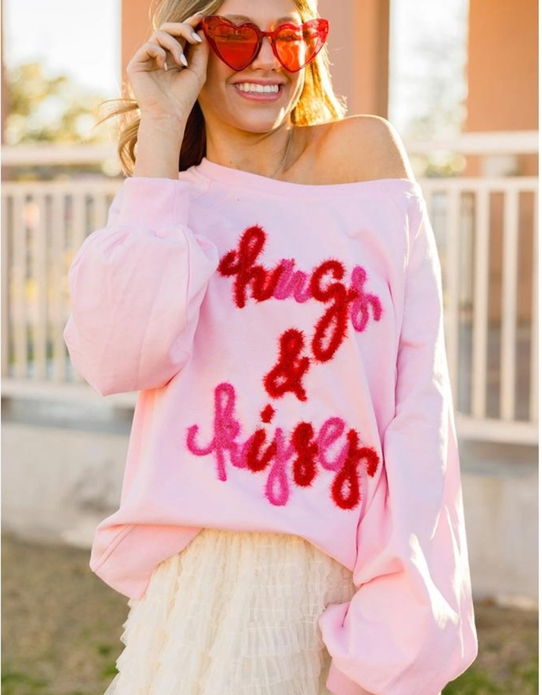 Pink Hugs and Kisses Pop Up Embroidered Raglan Sleeve Sweatshirt