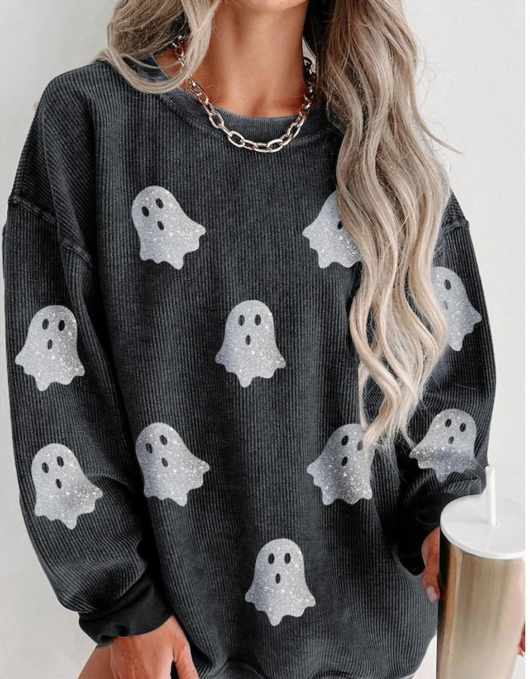 Black Halloween Ghost Corded Crew Neck Loose Sweatshirt