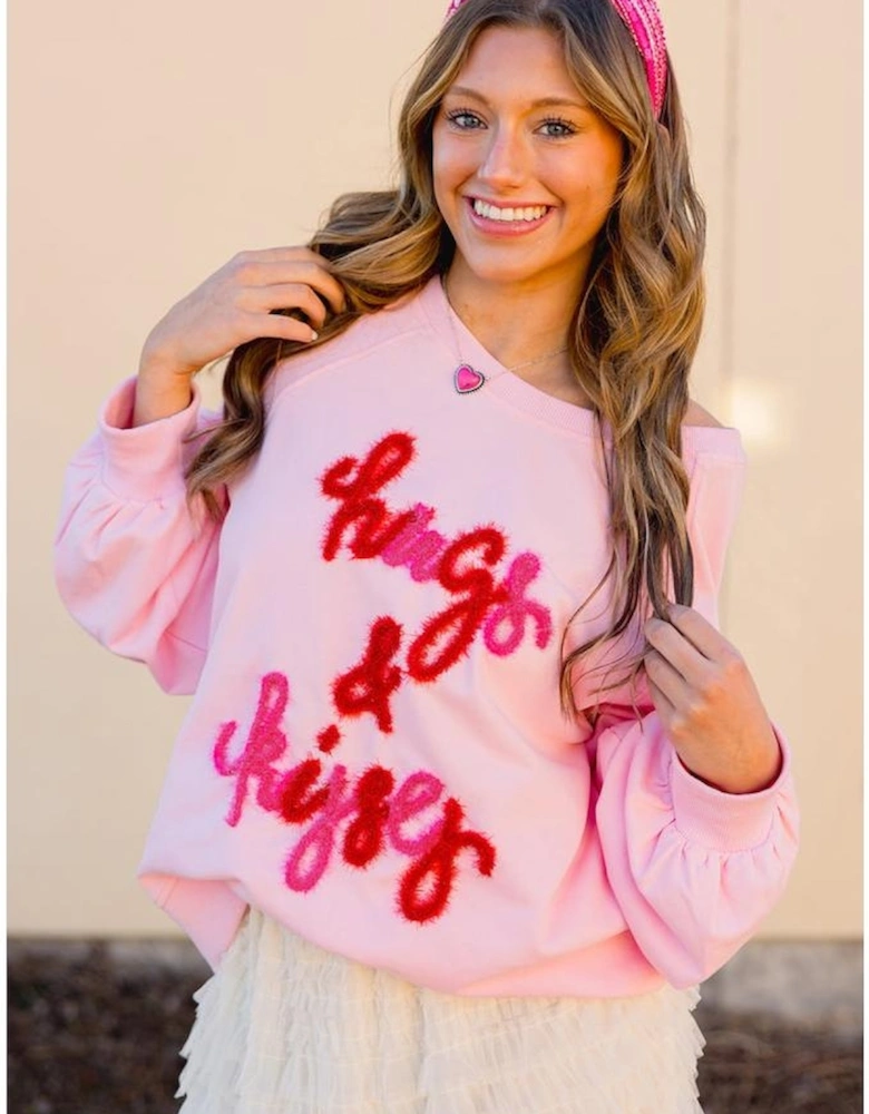 Pink Hugs and Kisses Pop Up Embroidered Raglan Sleeve Sweatshirt