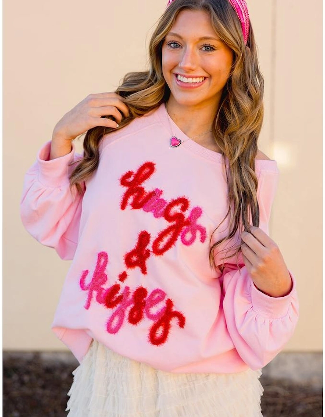 Pink Hugs and Kisses Pop Up Embroidered Raglan Sleeve Sweatshirt