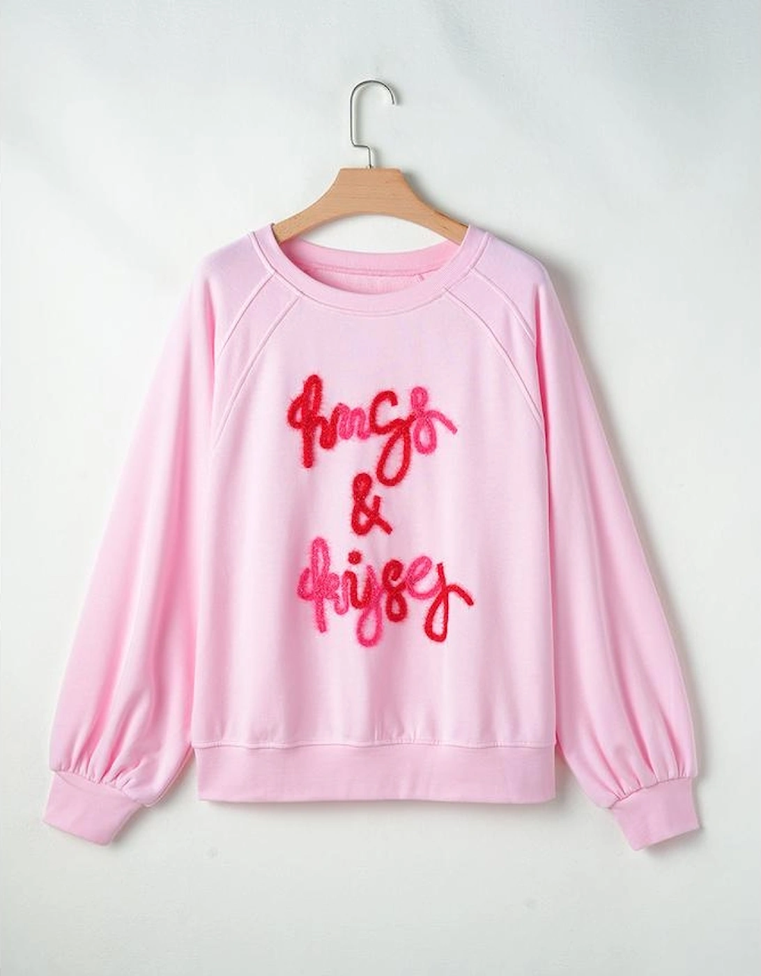 Pink Hugs and Kisses Pop Up Embroidered Raglan Sleeve Sweatshirt