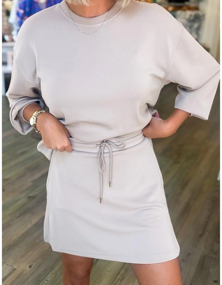 Jet Stream Solid Color Drop Shoulder Pullover Drawstring Mini Skirt 2pcs Outfit