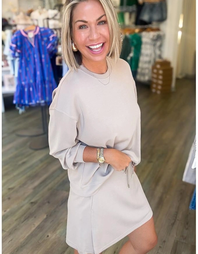 Jet Stream Solid Color Drop Shoulder Pullover Drawstring Mini Skirt 2pcs Outfit