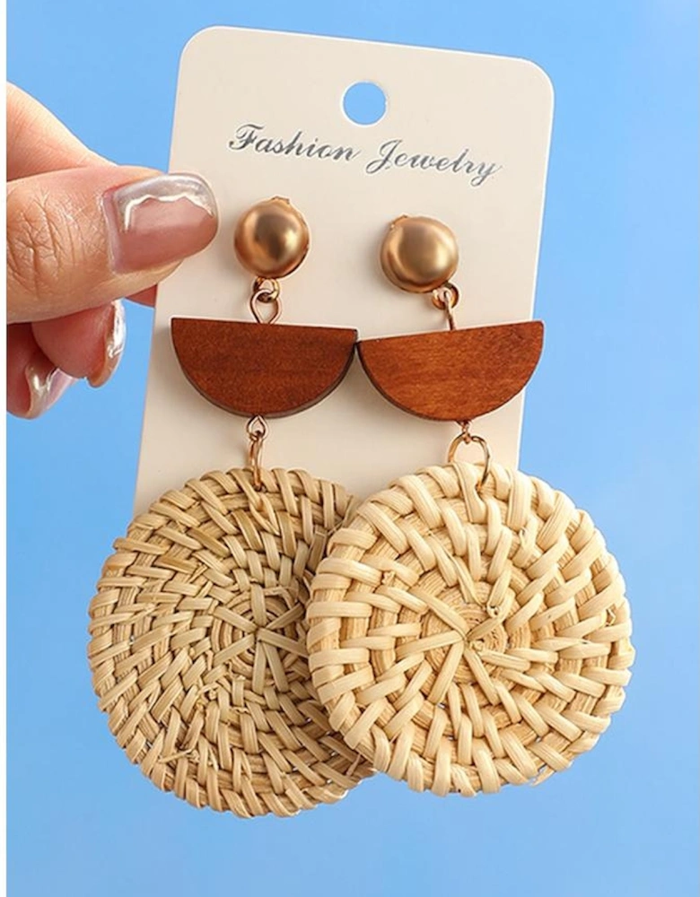 Azura Exchange Beige Wooden Woven Disc Dangle Earrings
