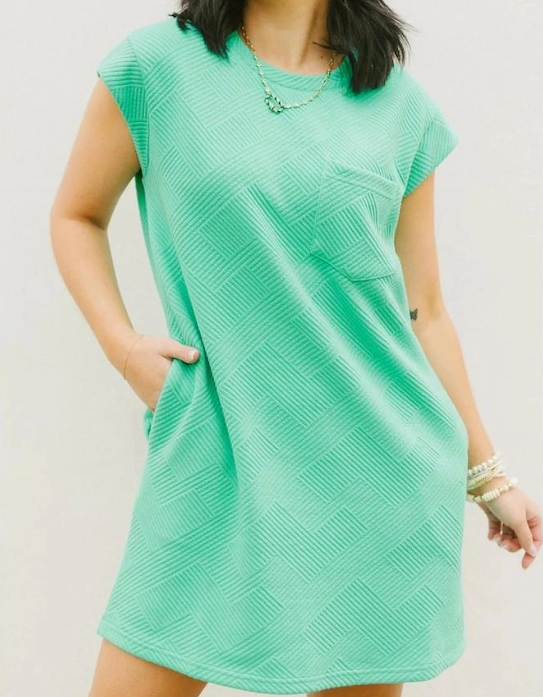 Mint Green Textured Cap Sleeve T Shirt Dress