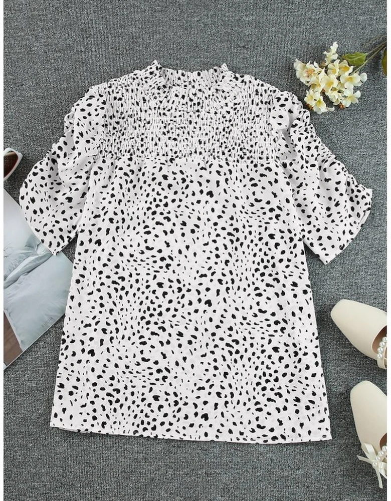 Leopard Smocking Detail Bubble Sleeve Blouse
