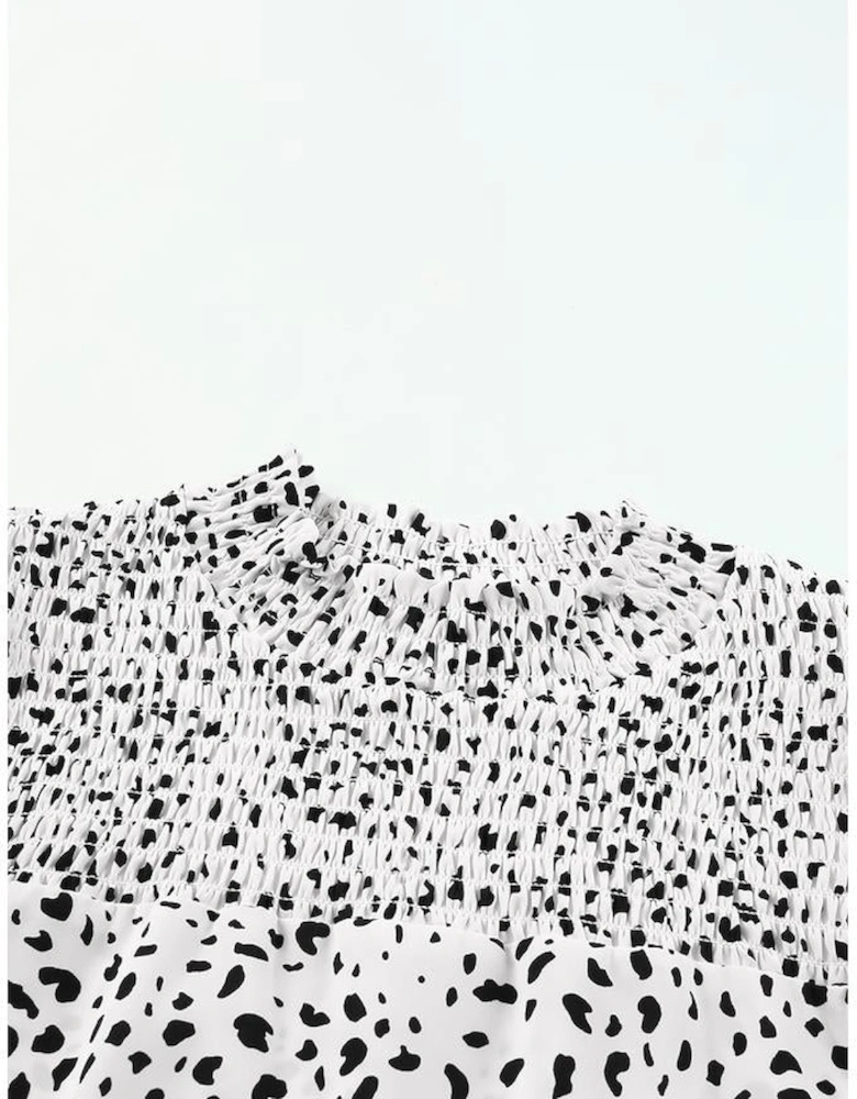 Leopard Smocking Detail Bubble Sleeve Blouse