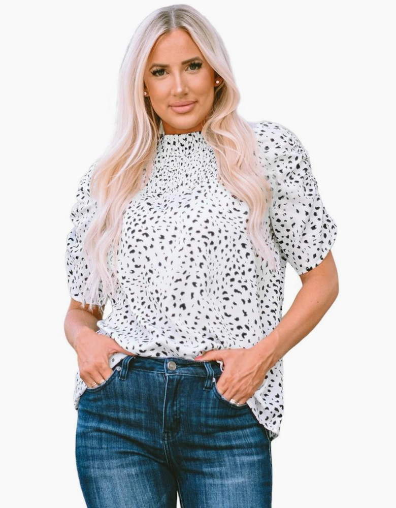Leopard Smocking Detail Bubble Sleeve Blouse