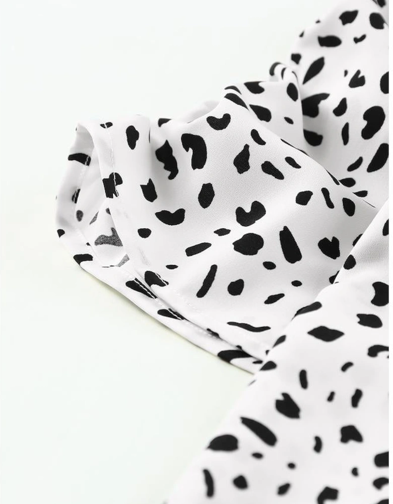 Leopard Smocking Detail Bubble Sleeve Blouse