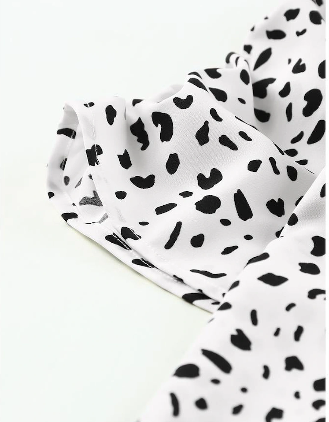 Leopard Smocking Detail Bubble Sleeve Blouse