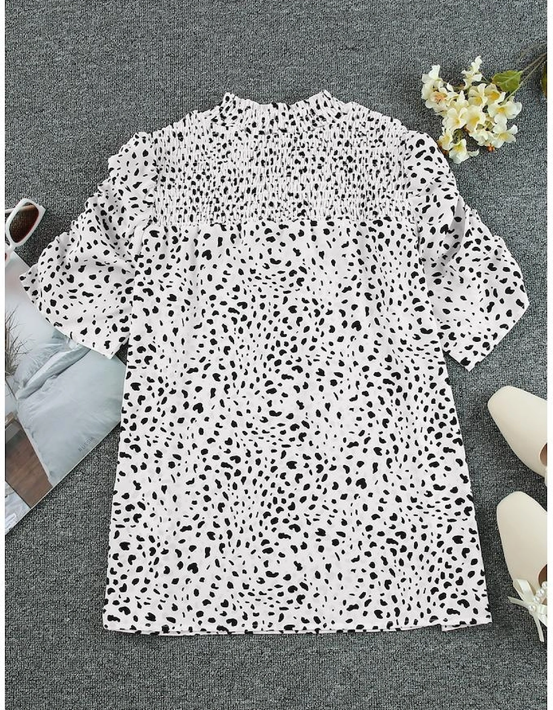 Leopard Smocking Detail Bubble Sleeve Blouse