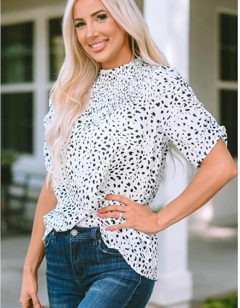 Leopard Smocking Detail Bubble Sleeve Blouse