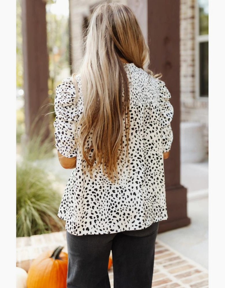 Leopard Smocking Detail Bubble Sleeve Blouse