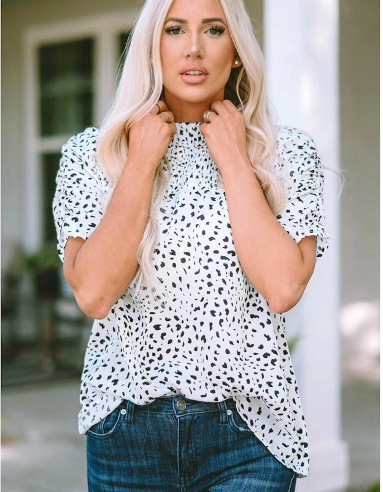 Leopard Smocking Detail Bubble Sleeve Blouse