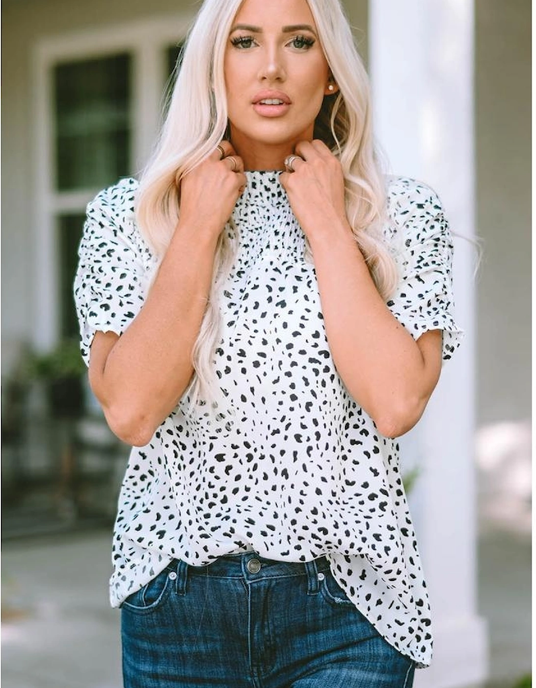 Leopard Smocking Detail Bubble Sleeve Blouse