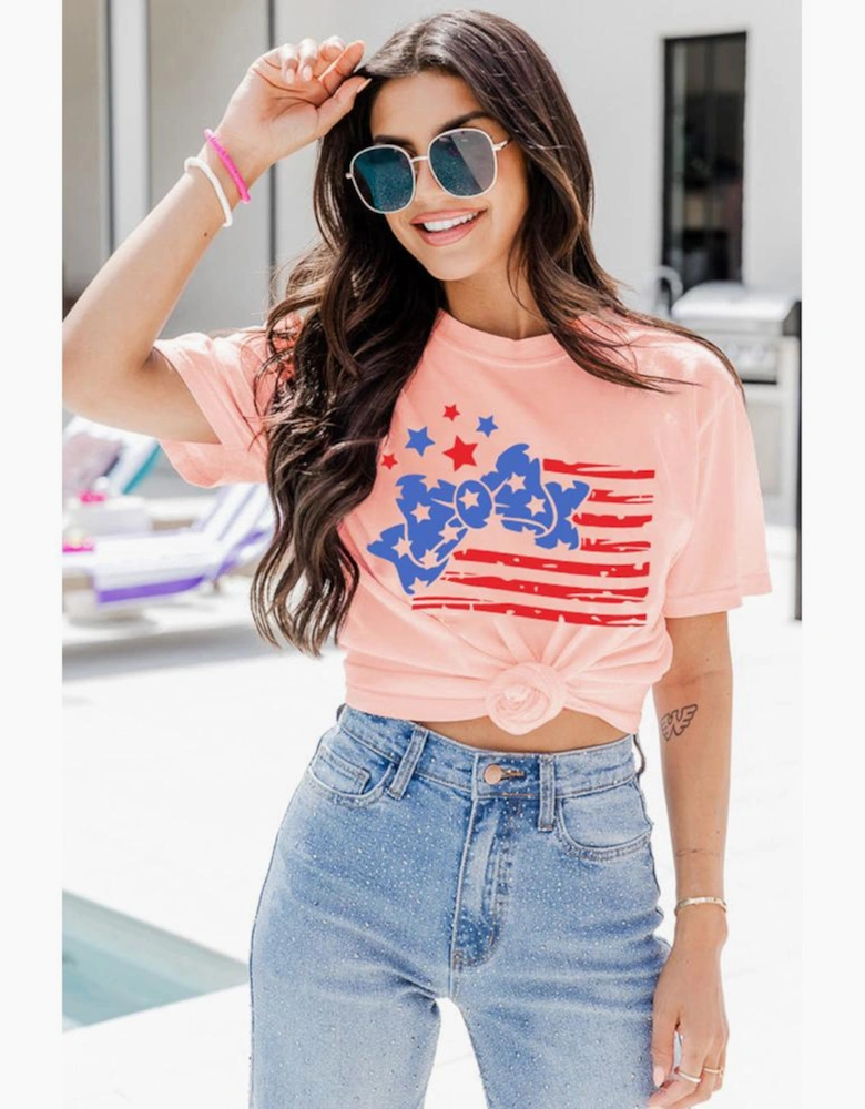 Pink Stars and Stripes Bow Knot Crew Neck T Shirt