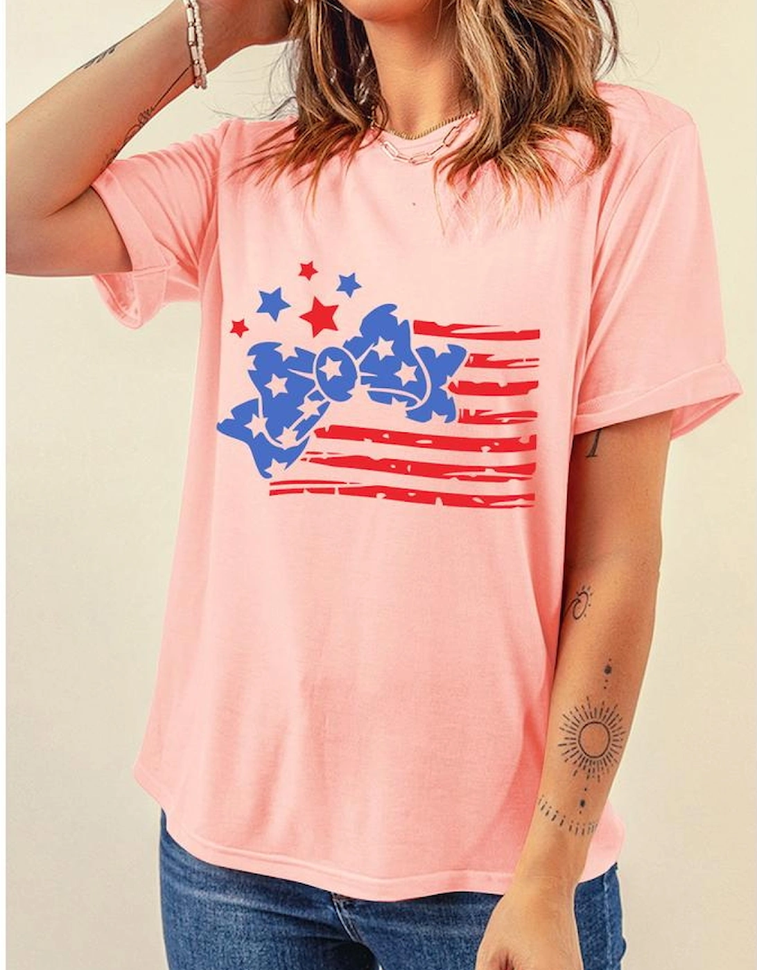 Pink Stars and Stripes Bow Knot Crew Neck T Shirt