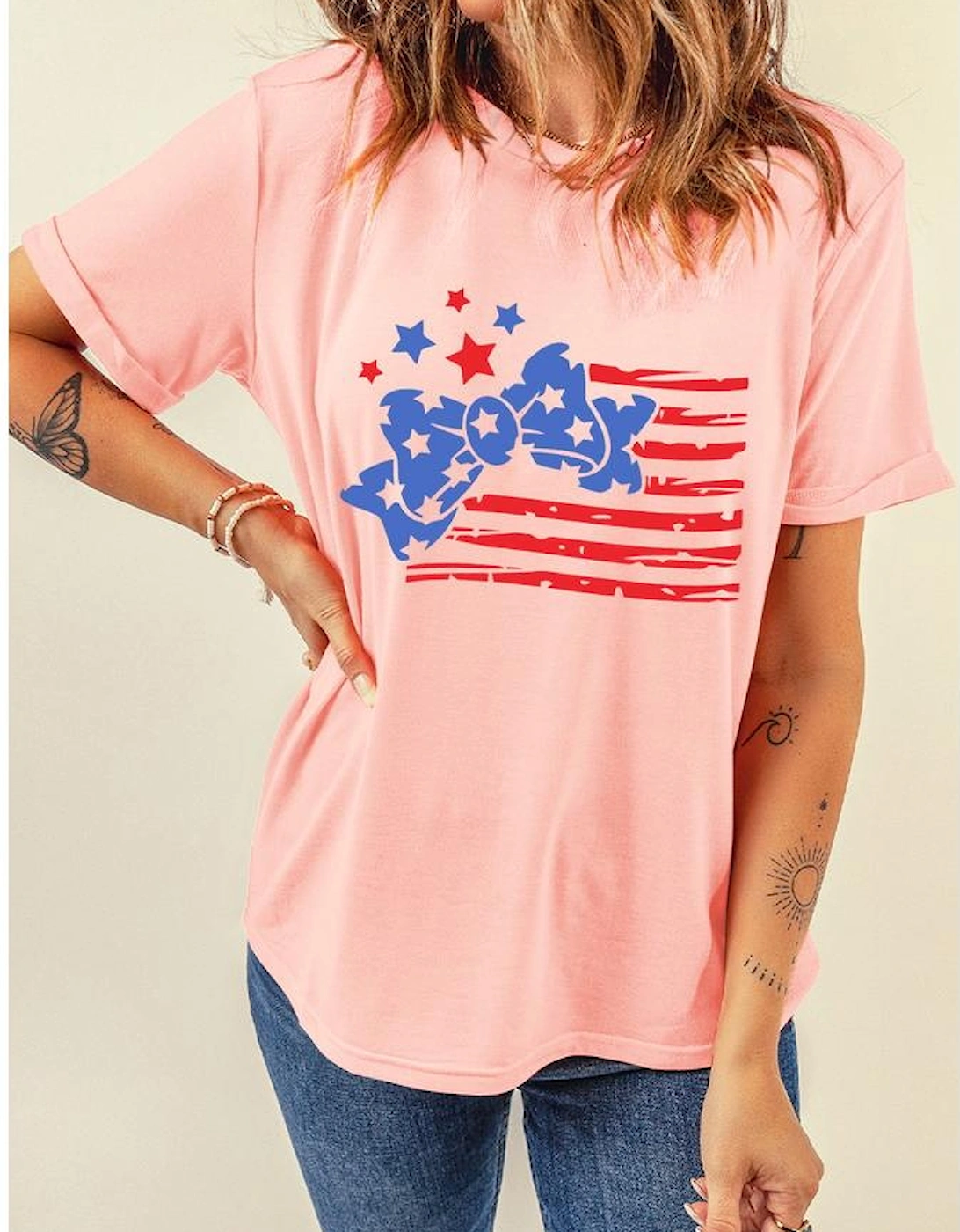 Pink Stars and Stripes Bow Knot Crew Neck T Shirt