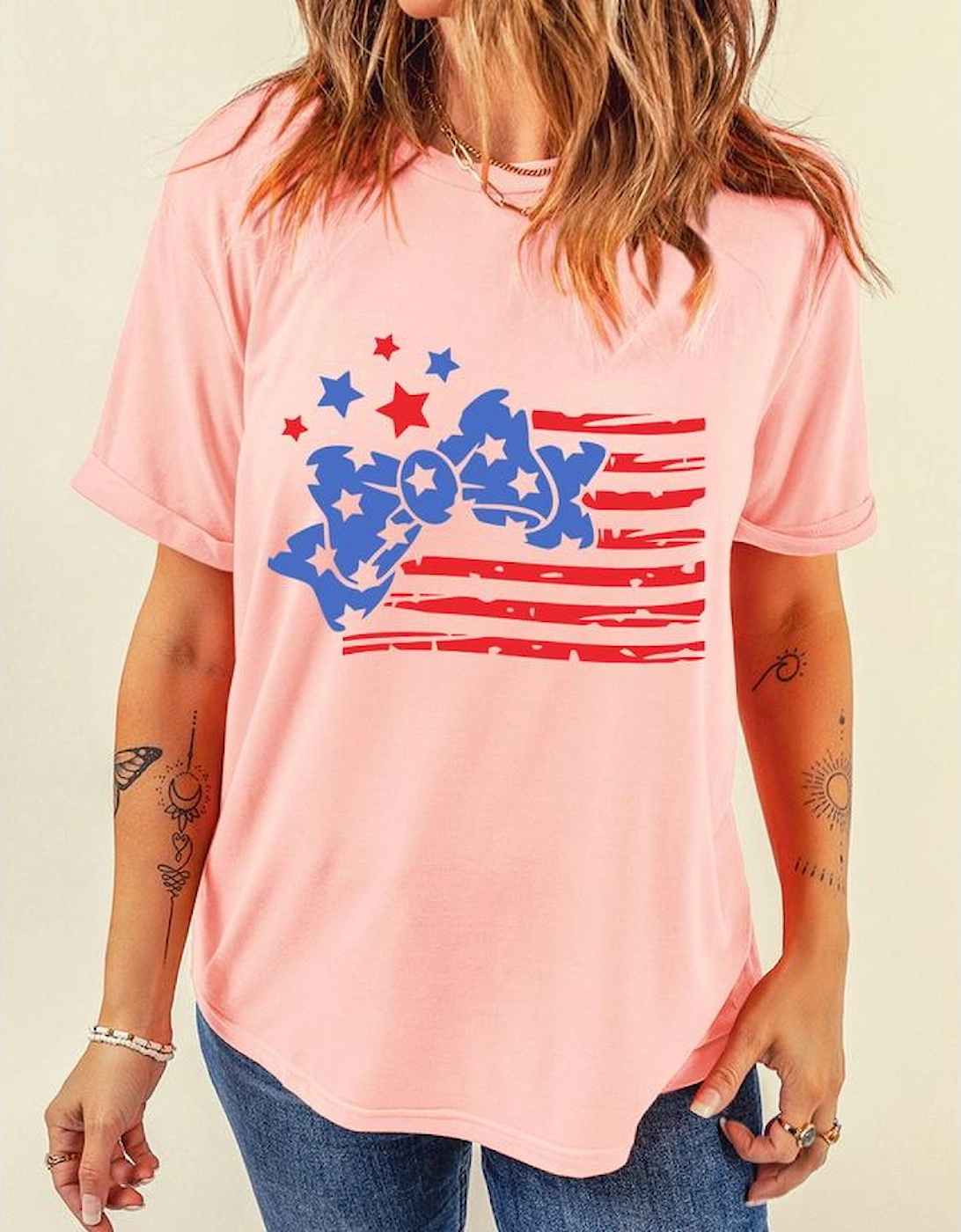Pink Stars and Stripes Bow Knot Crew Neck T Shirt