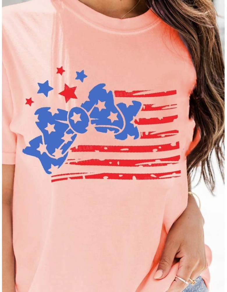 Pink Stars and Stripes Bow Knot Crew Neck T Shirt