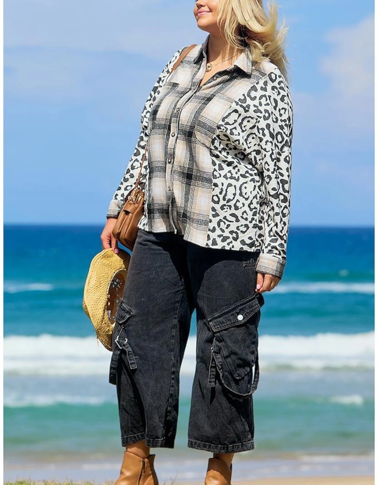 Black Plus Size Plaid Leopard Printed Patchwork Button Up Shacket