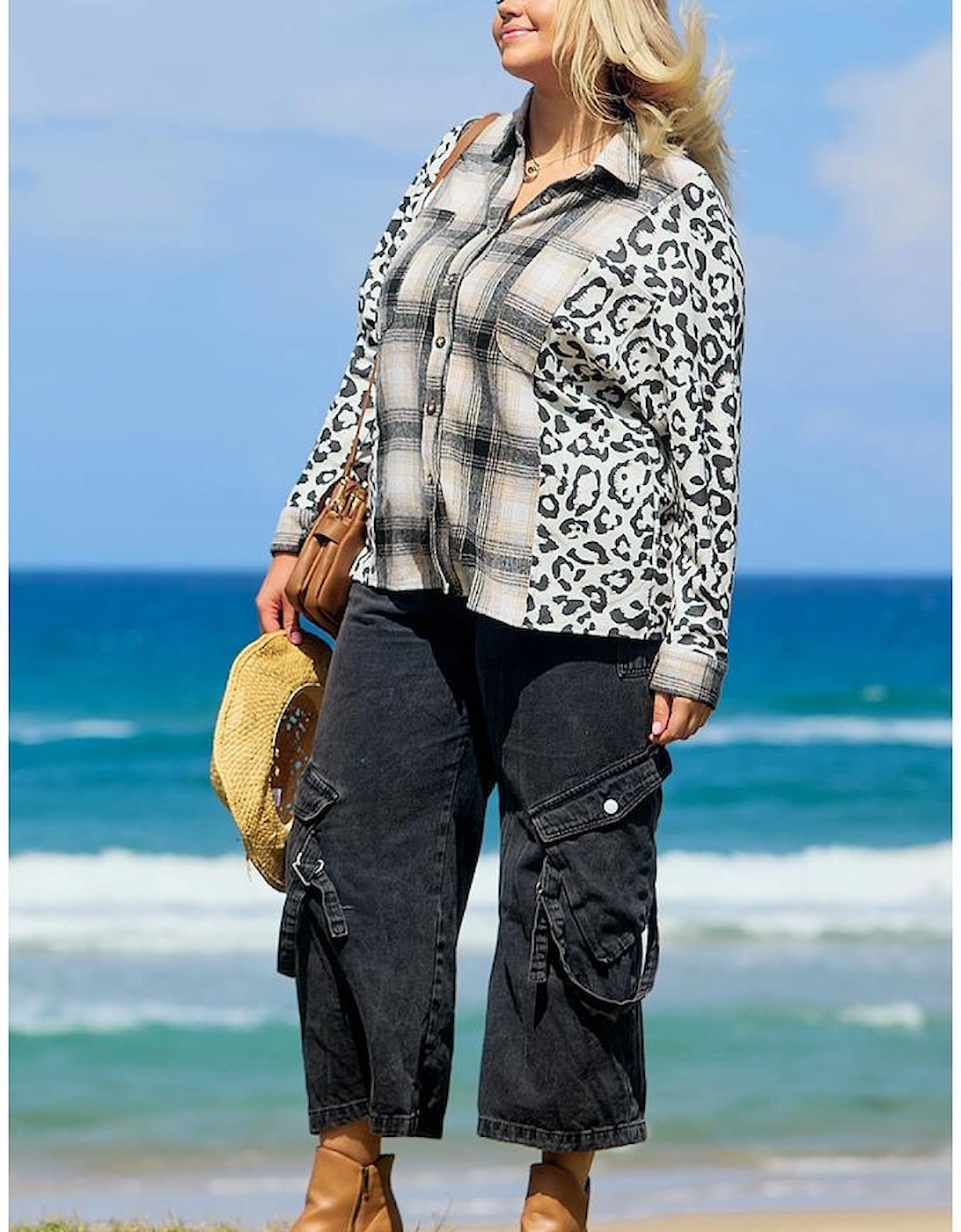 Black Plus Size Plaid Leopard Printed Patchwork Button Up Shacket