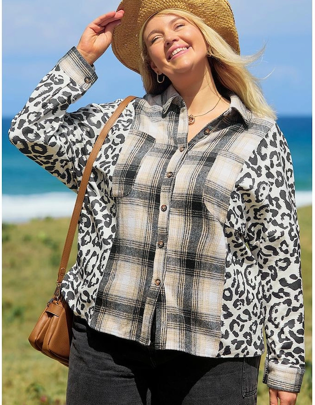 Black Plus Size Plaid Leopard Printed Patchwork Button Up Shacket